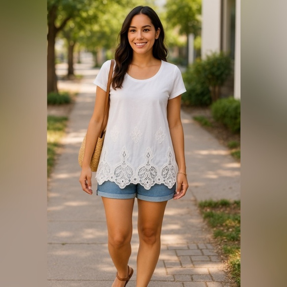 RAGA White Boho Blouse Lace Detail Short Sleeve Tee Tunic Top NWT S #2413